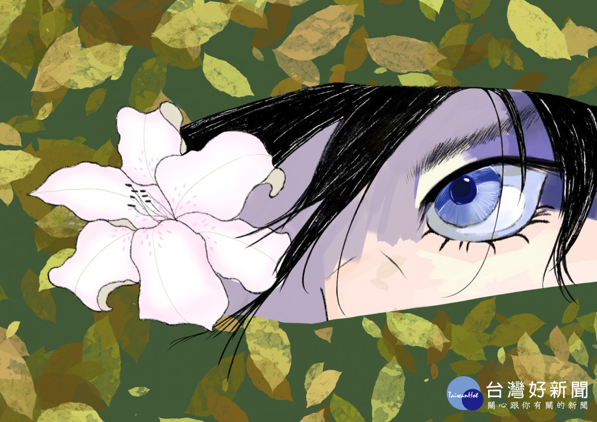 多遊系大一身障生鄭惠心作品描繪樹葉中露出的凝神，構圖深具創意巧思，獲得手繪電繪組第二名。