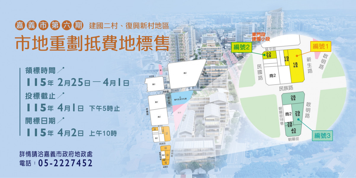 嘉義市建國二村、復興新村地區市地重劃抵費地標售，投標期限至115年4月1日下午5時止／嘉義市府提供