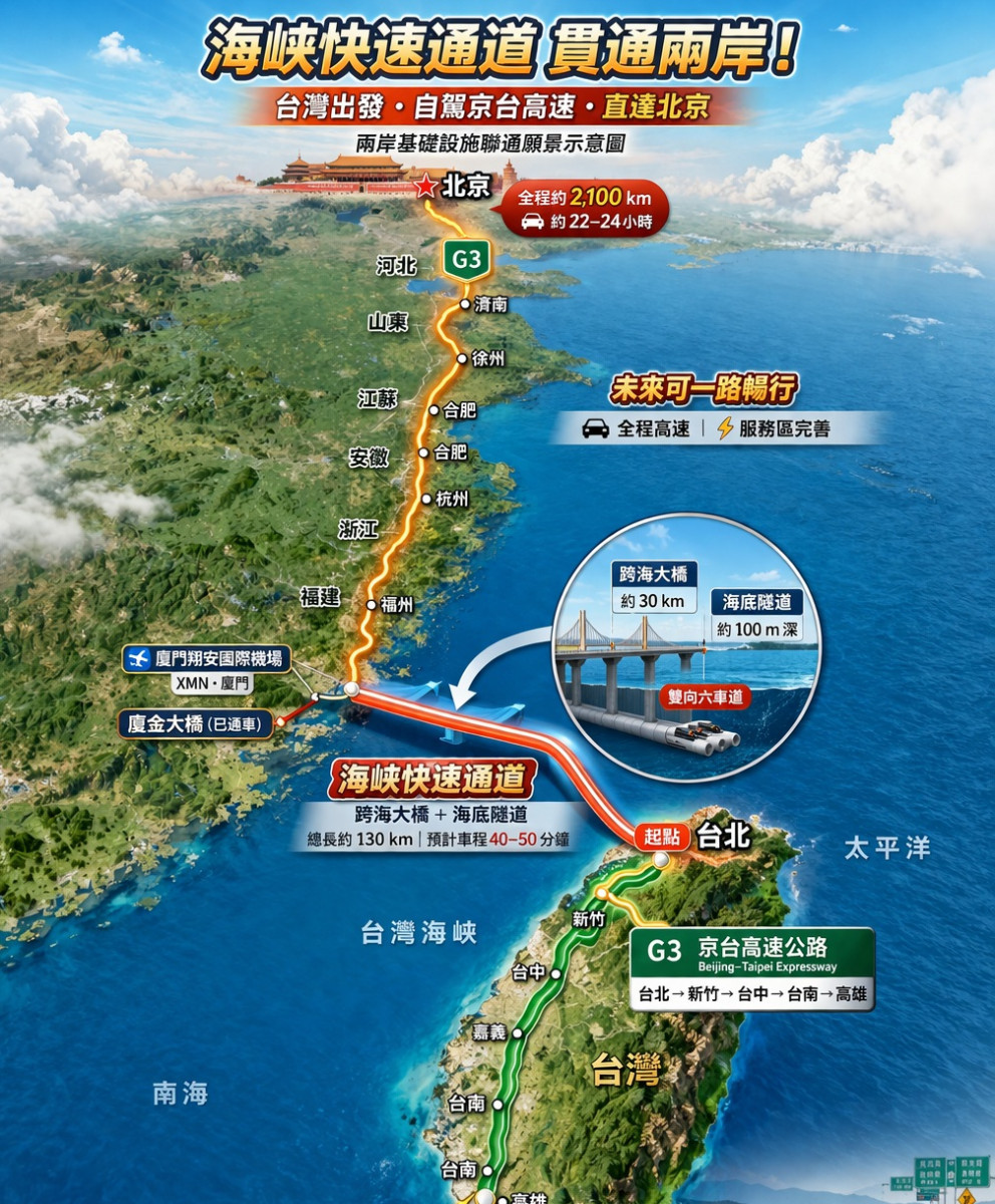 本圖為AI生成模擬「海峽快速通道」願景示意，實際路線以北京官方公布為準。