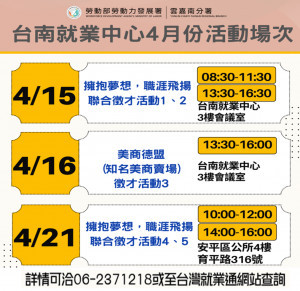 台南就業中心4月徵才