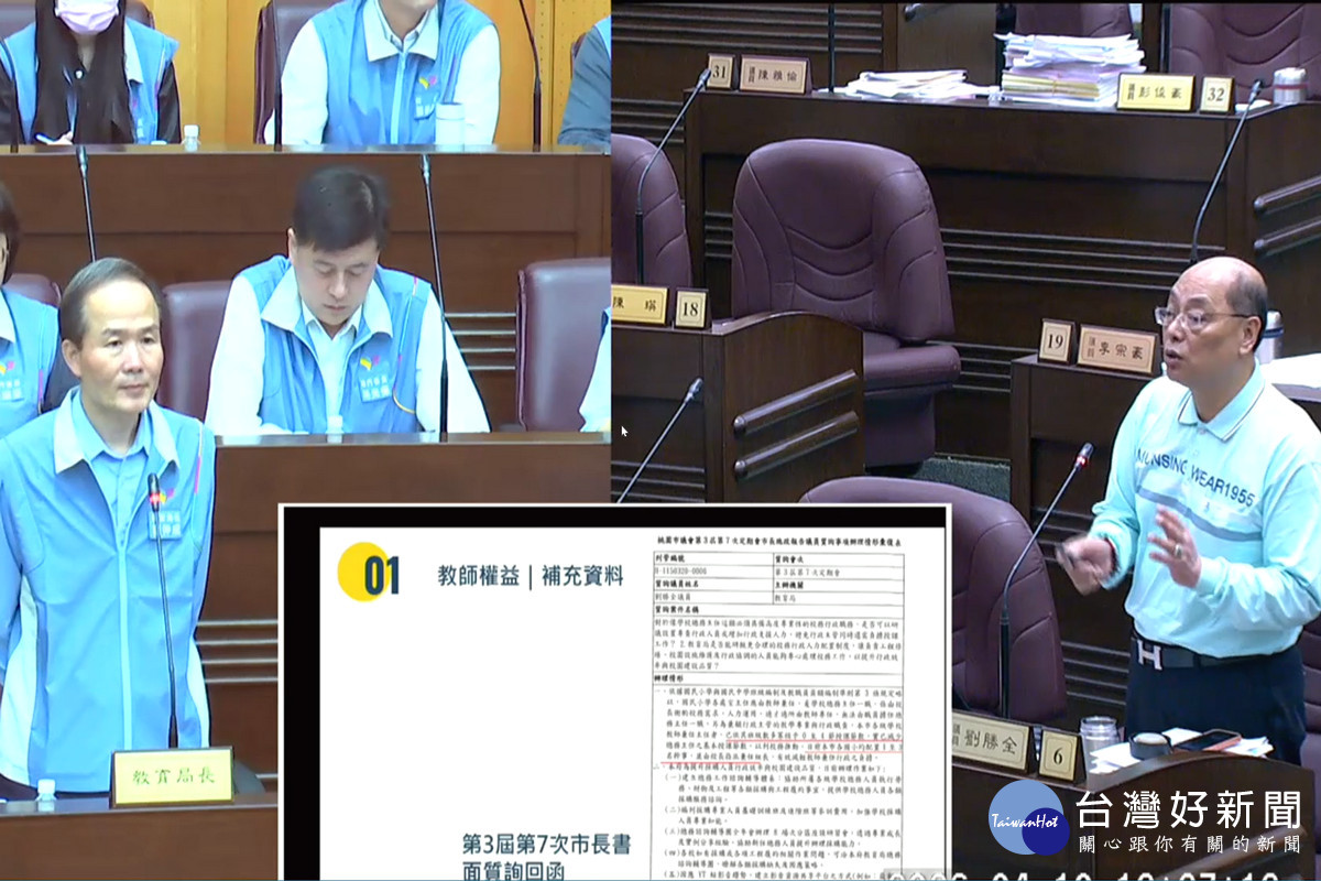 桃園市議員劉勝全質詢市府教育局長劉仲成。<br />

