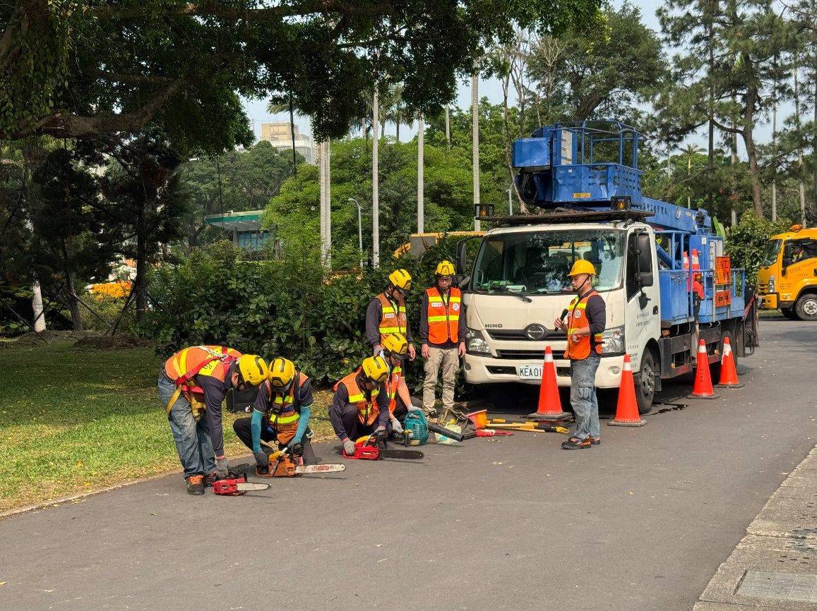 北市公園處防汛演習　青年公園實兵模擬「路樹傾倒、路燈脫落」搶修