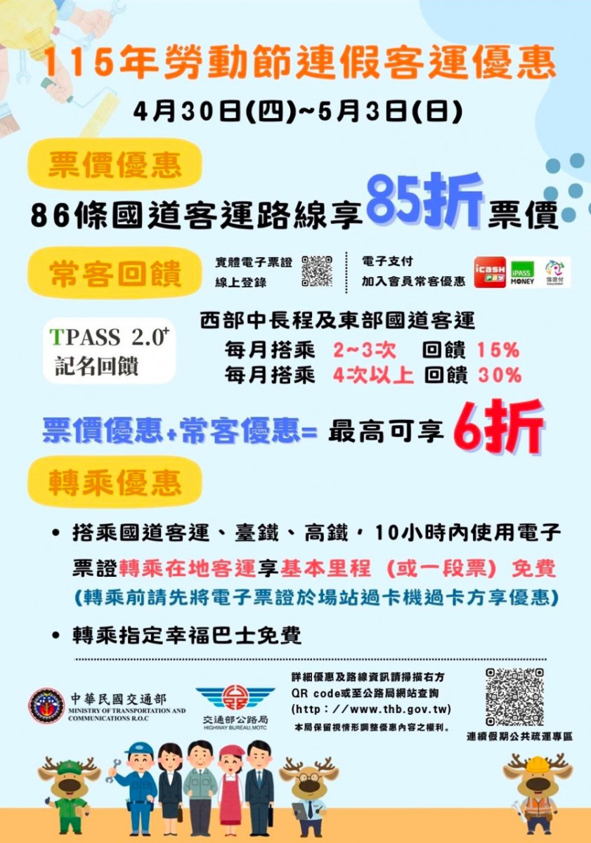 勞動節連假疏運指南：客運優惠、轉乘免費及省道避塞路段看這裡