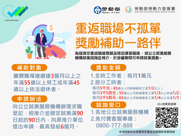 勞動部推動「五五就業促進獎勵」　助熟齡世代重返職場
