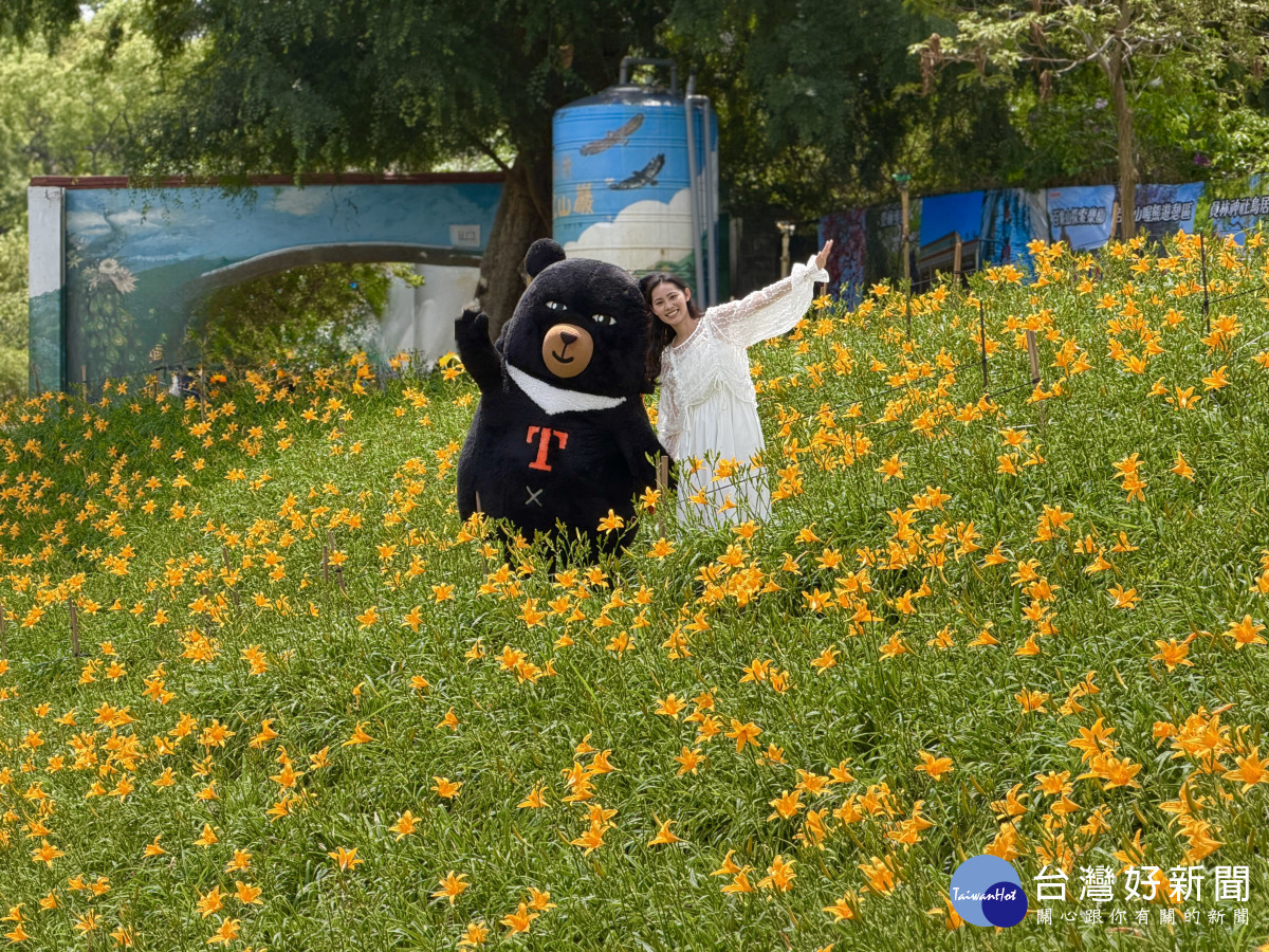 喔熊組長熱情與民眾一同在金針花海拍照。圖／參山處提供