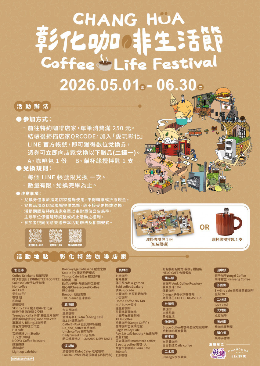 漫步彰化品味職人風味，咖啡生活節今（5/1）濃香開跑。圖／彰化縣政府提供
