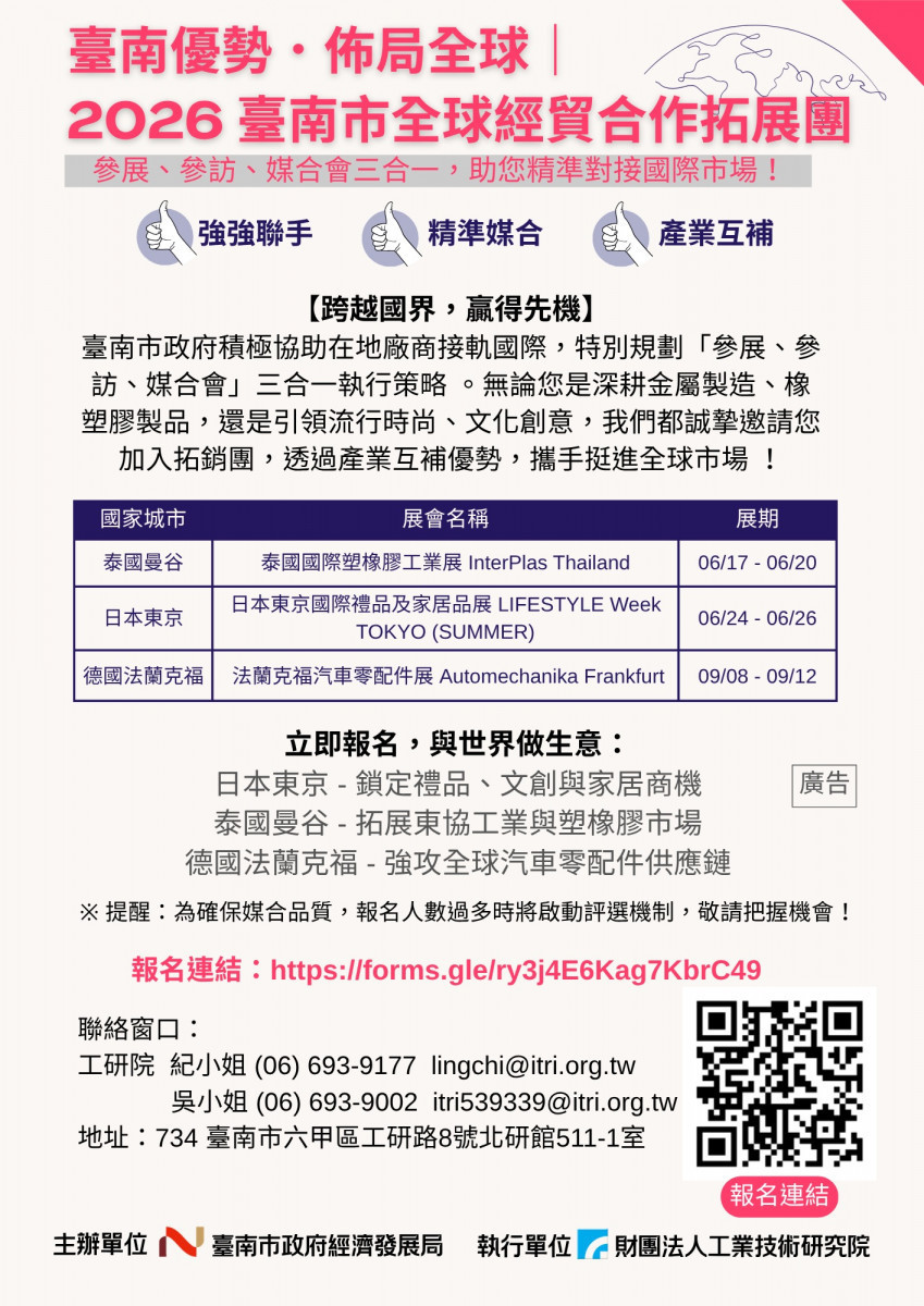 臺南產業佈局全球　今年進行三合一經貿拓銷