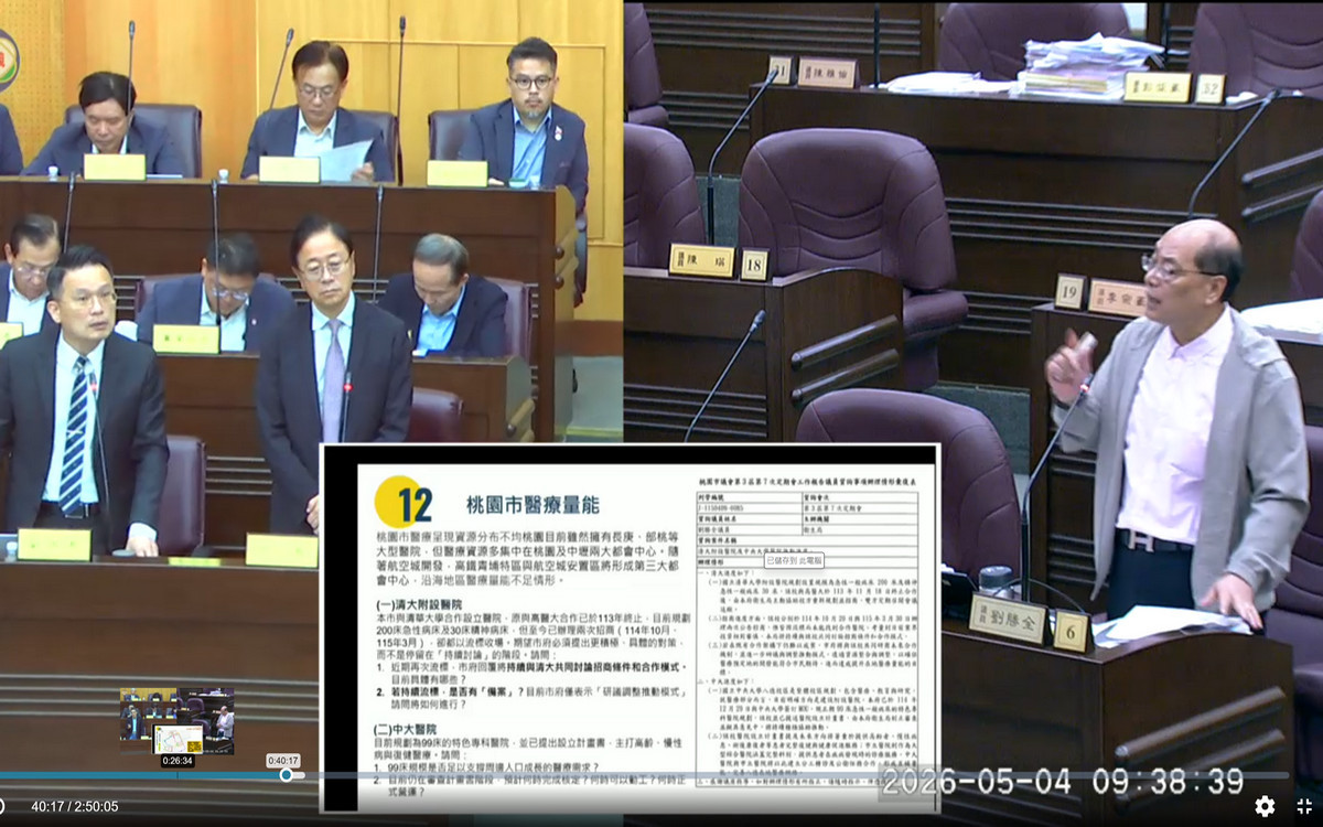 針對蘆竹交通環境與基礎建設，桃園市議員劉勝全質詢桃園市長張善政、副市長蘇俊賓。<br />
