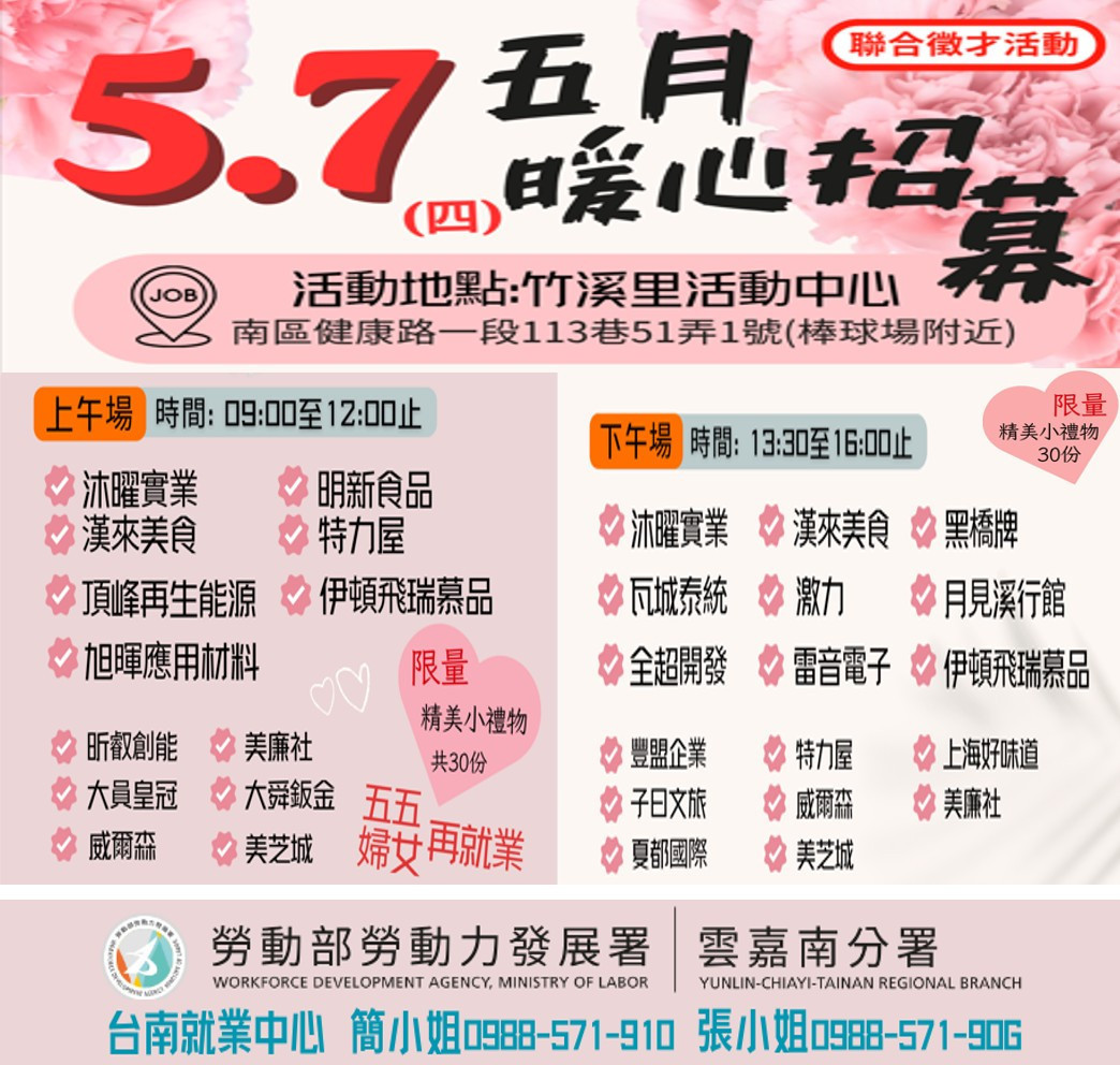 台南就業中心「2026五月暖心徵才 」　 500個以上工作機會5/7開跑