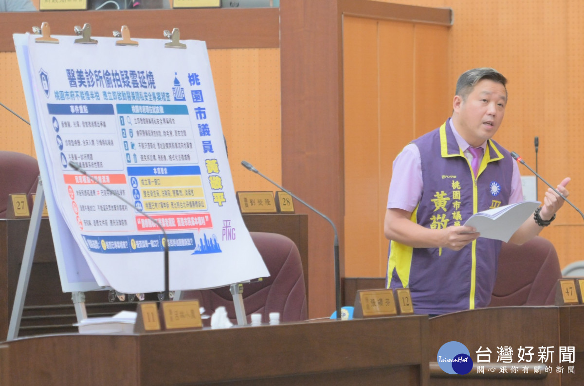 桃園市議員黃敬平於議事堂進行質詢。