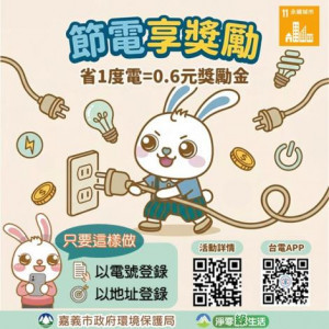 台灣電力公司推出節電獎勵金活動，讓民眾在節能的同時還能省電、省錢又賺獎勵金／嘉義市府提供
