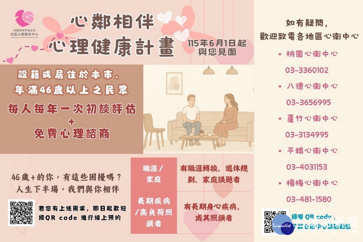 桃園市政府衛生局推動「心鄰相伴．幸福齡距離」健康計畫。<br />
