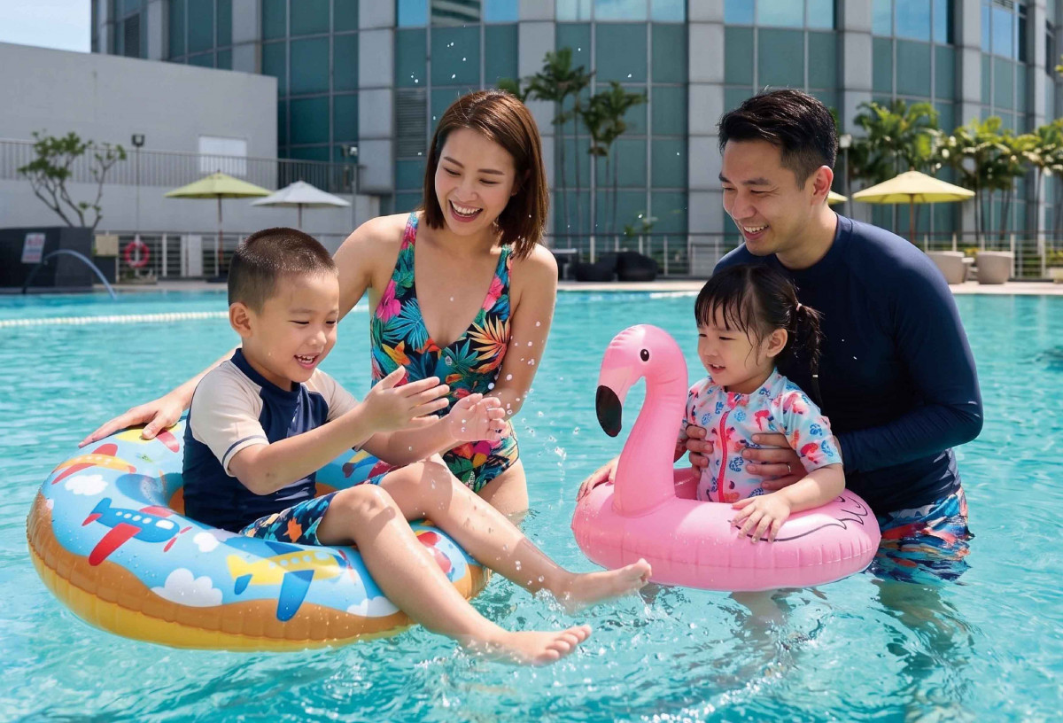 入住台南遠東香格里拉帶著孩子在戶外泳池開心戲水,享受輕鬆愜意的夏日親子度假時光。(圖/台南遠東香格里拉提供)