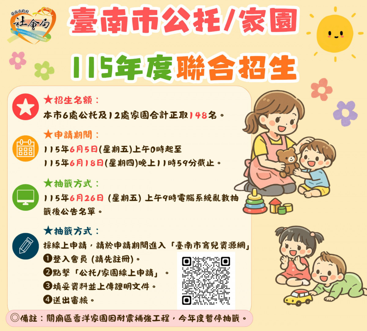 臺南18公托家園聯合招生　148托育名額受理報名