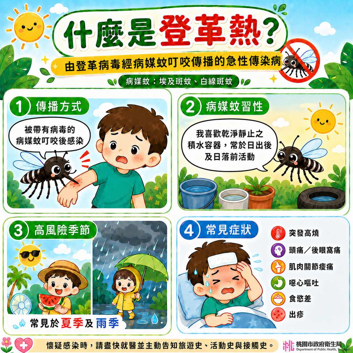 端午返鄉及暑期旅遊旺季將至,桃園衛生局呼籲提高登革熱警覺。<br />