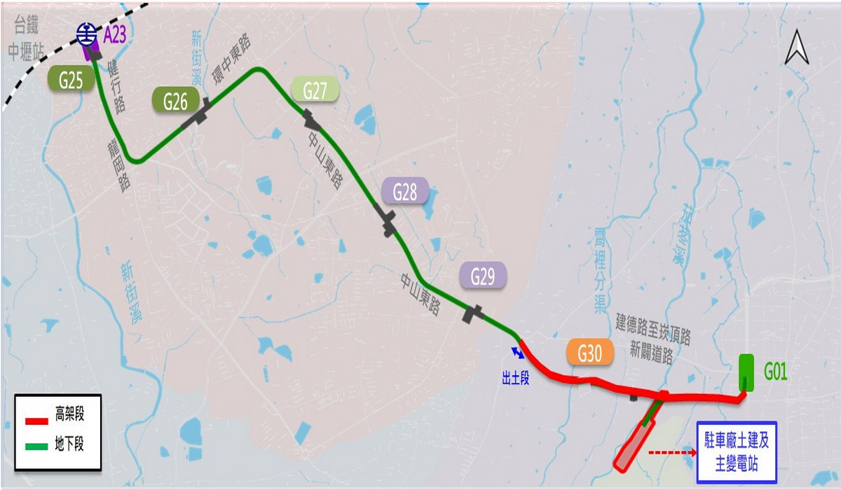 桃園捷運綠線延伸中壢路線圖。