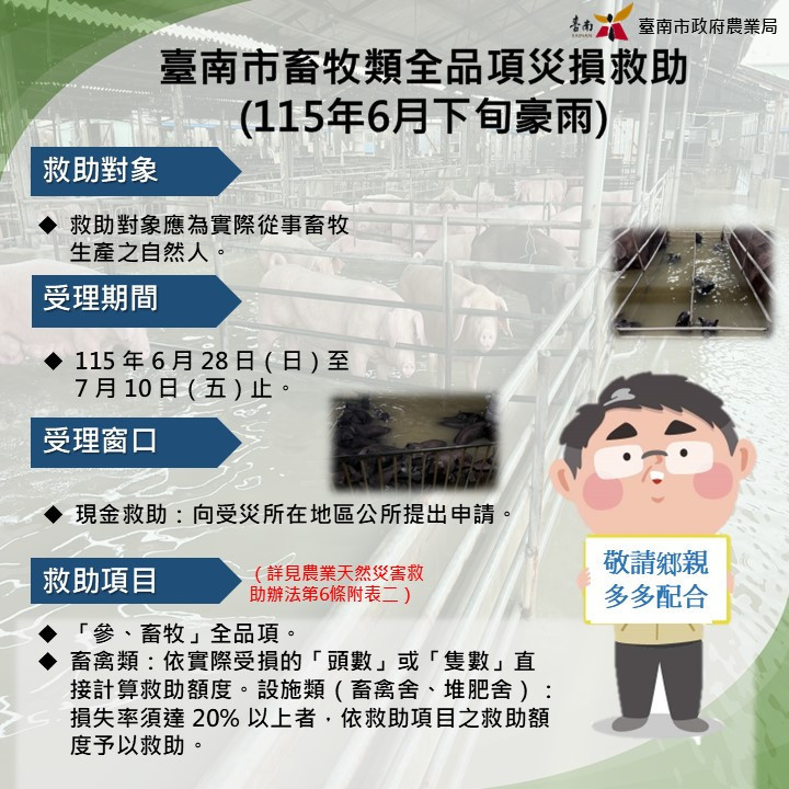 臺南畜牧類全品項　7/10前受理現金救助申請