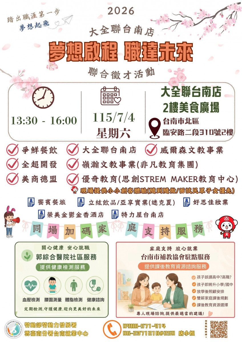 台南就業中心7月3場聯合徵才　最高薪上看6萬元