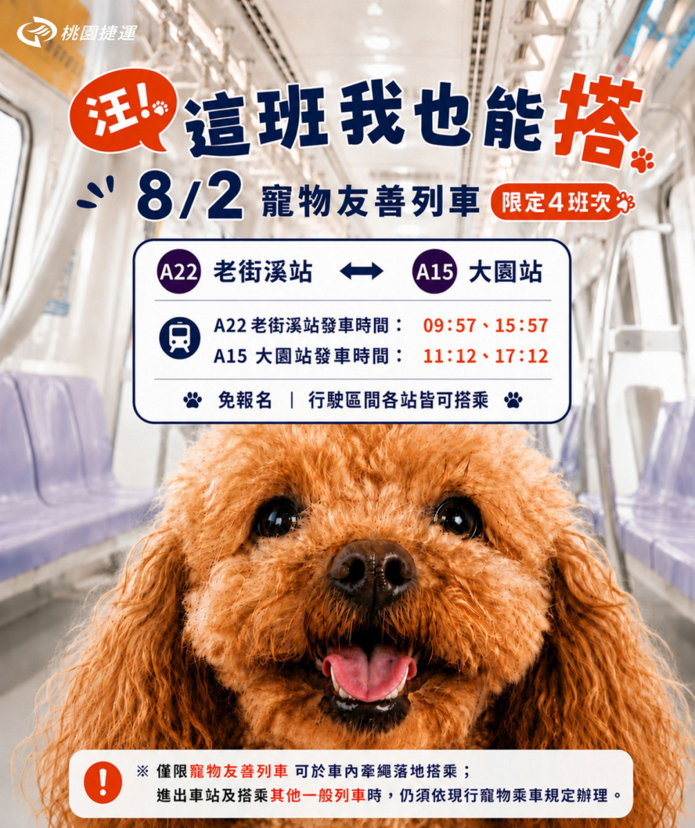 毛孩準備上車　桃捷8/2推出限定「寵物友善列車」免報名兜風趣