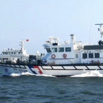 海巡署金馬澎分署第十二巡防區於5日下午偵獲中國海警船編隊靠近金門限制水域，海巡署立即調派巡防艇前推對應，全程併航監控，實施廣播喊話，將中國海警船驅離出我金門水域。（圖／海洋委員會海巡署）