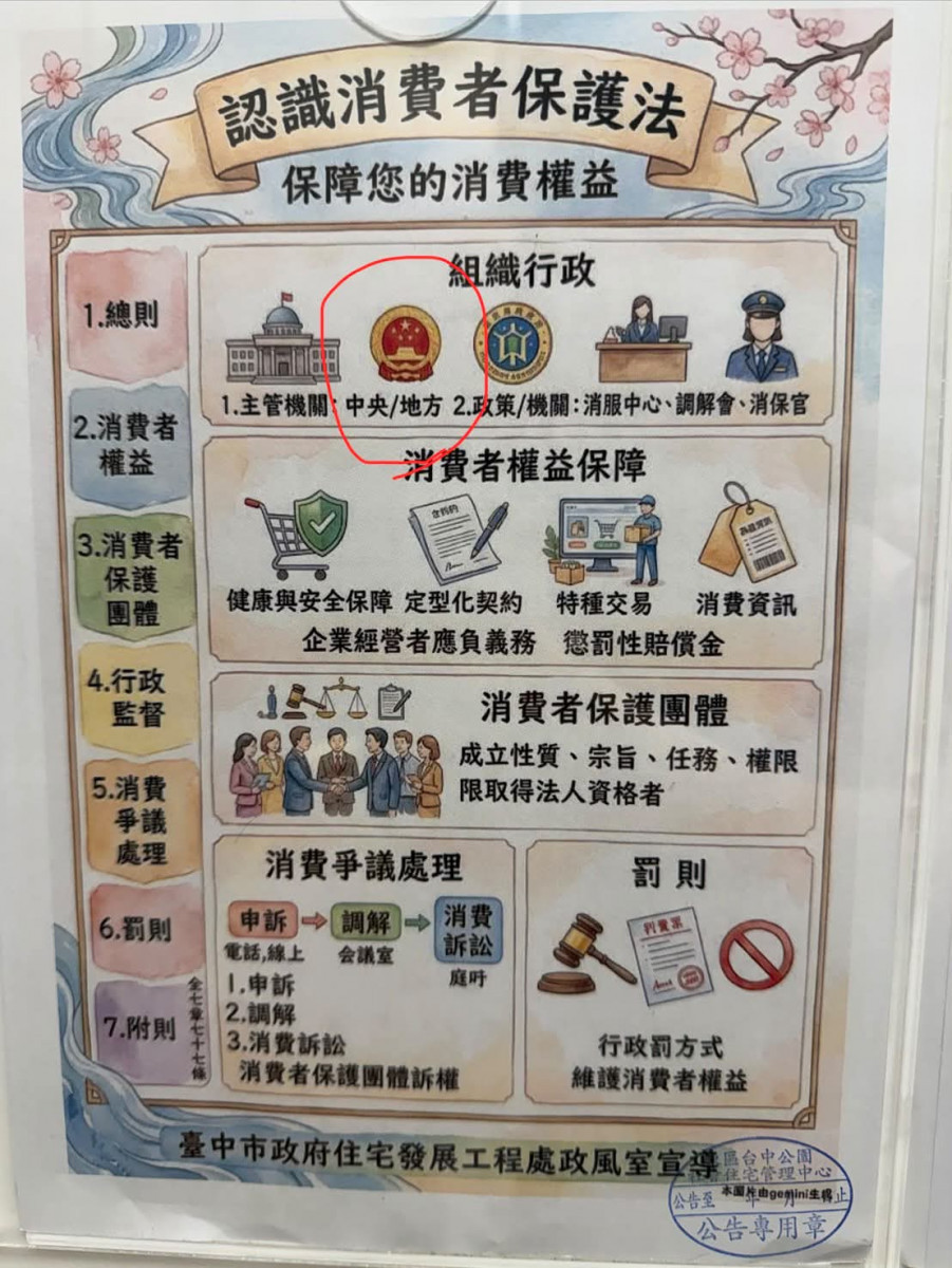 中市社宅消保宣導圖卡竟出現五星國徽　都發局坦承審查疏失已緊急下架