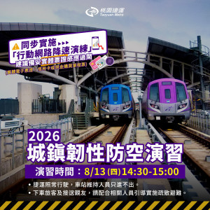 2026城鎮韌性防空演習，演練期間機捷正常營運、車站只進不出、行動網路降速。