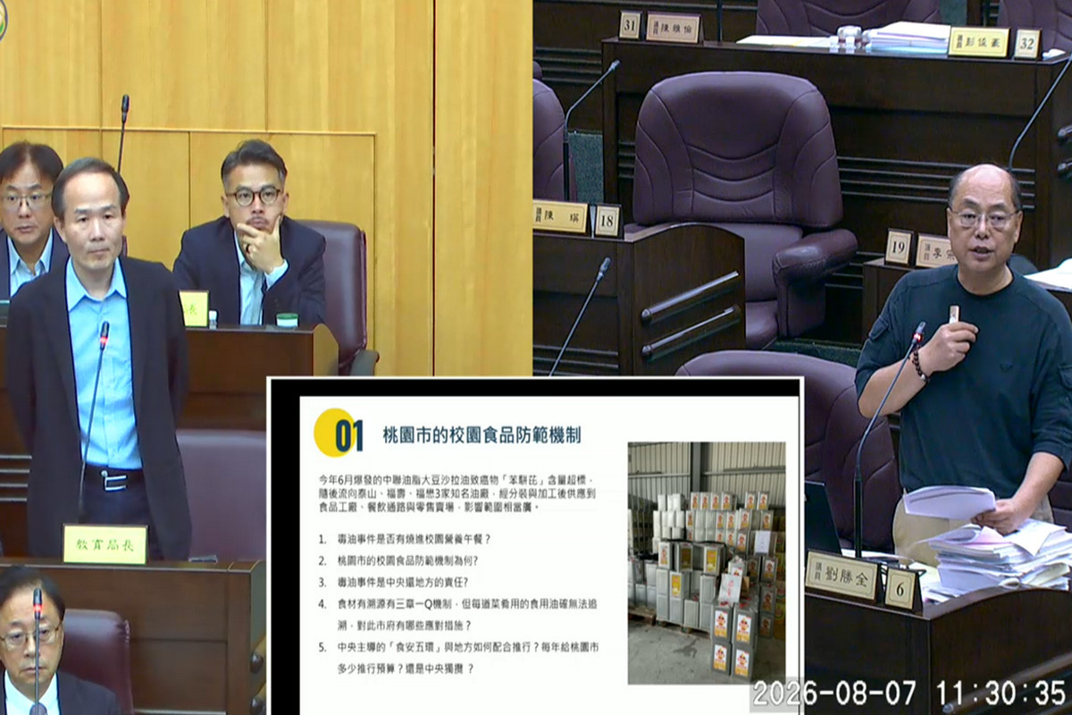 針對校園食品防範機制,桃園市議員劉勝全質詢市府教育局長劉仲成。