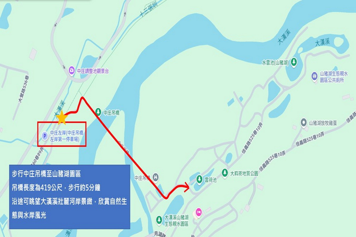 水務局建議民眾可將汽車停放於中庄左岸停車場,再步行經過中庄吊橋前往山豬湖園區。