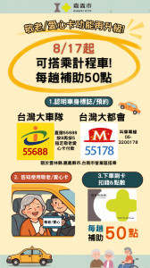 嘉義市敬老愛心乘車卡8/17起開放折抵計程車資／嘉義市府提供