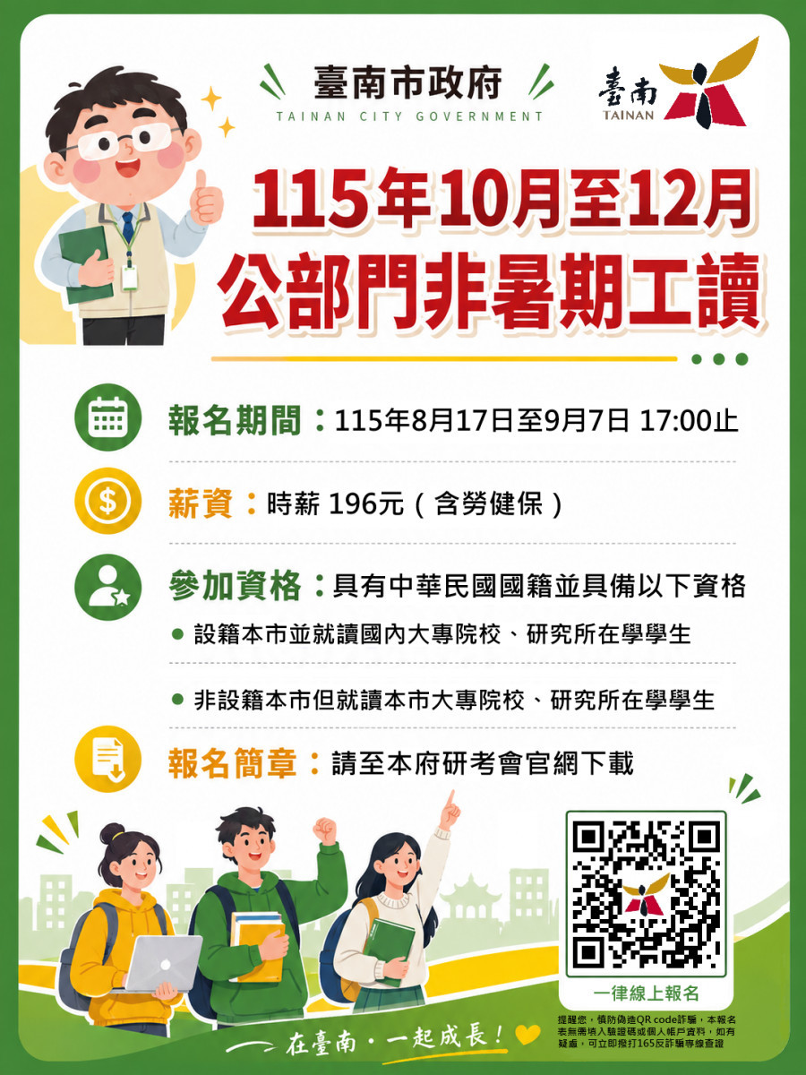 南市府10至12月非暑期工讀　提供22名額開放報名