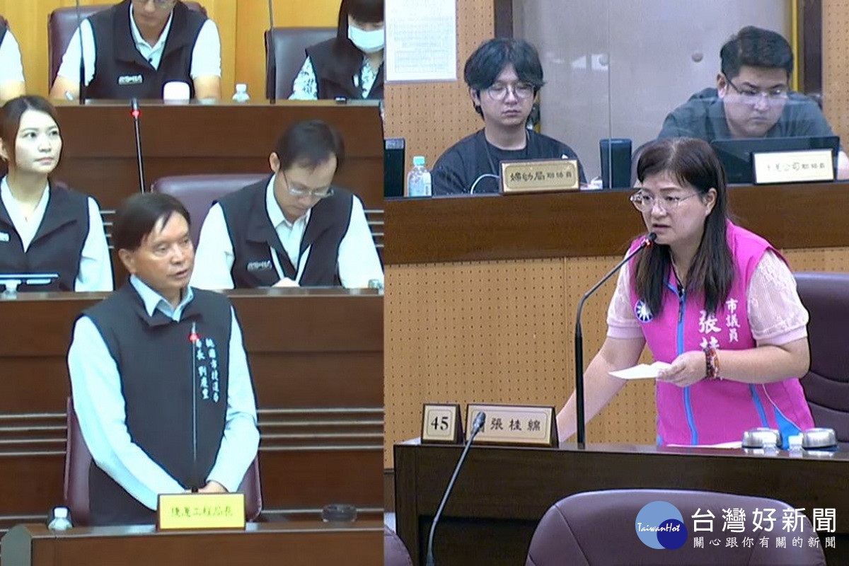 桃園市議員張桂綿質詢市府捷工局長劉慶豐。