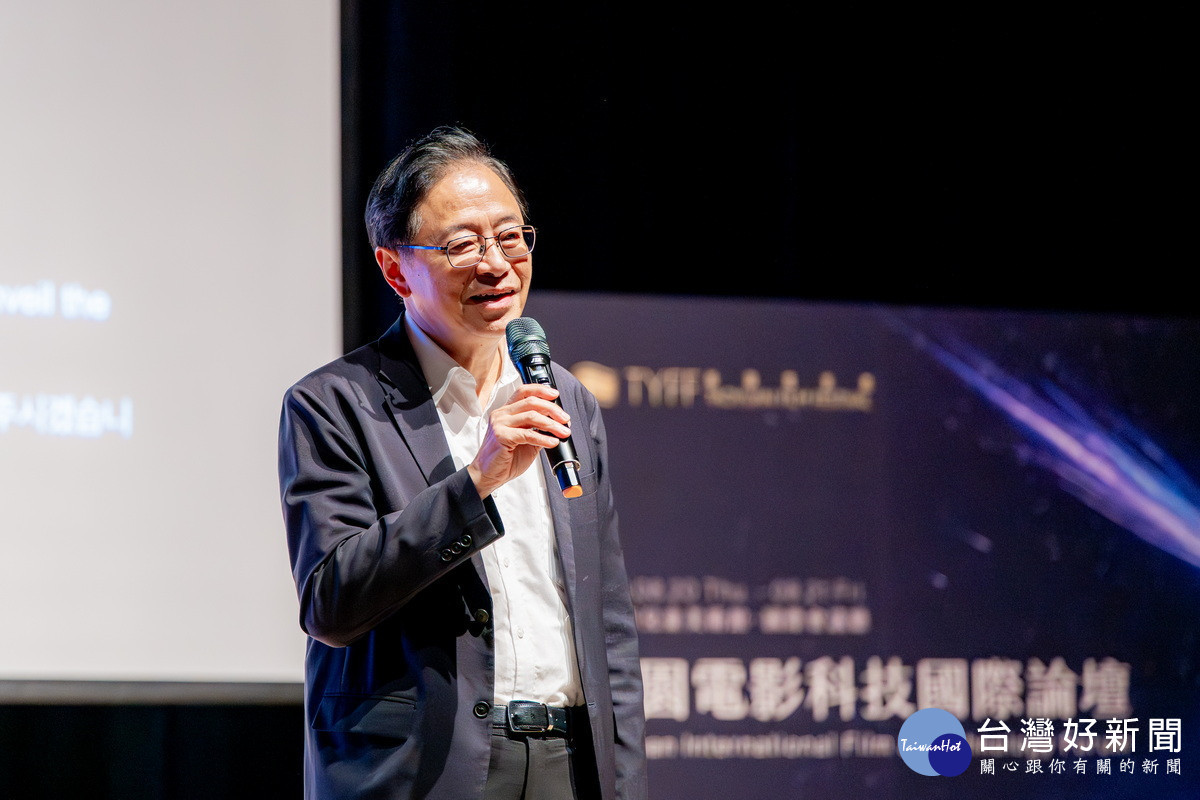 桃園市長張善政於「2026桃園電影科技國際論壇」中致 詞。<br />