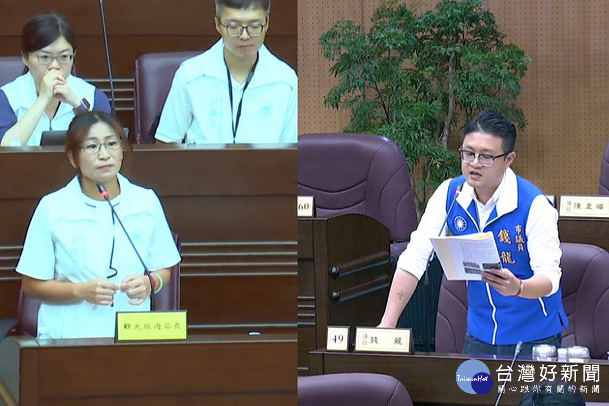 針對國旅平日補貼競爭力等觀光相關政策,桃園市議員錢龍質詢觀旅局長陳靜芳。<br />
