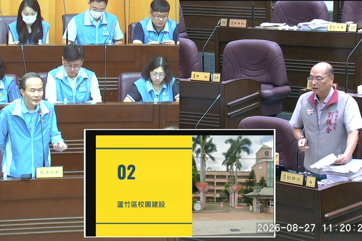 有關蘆竹區校園建設進度，桃園市議員劉勝全質詢教育局長劉仲成。<br />
