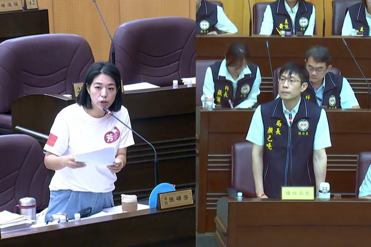 針對電動機車推廣政策,桃園市議員張碩芳質詢環保局長顏己喨 。