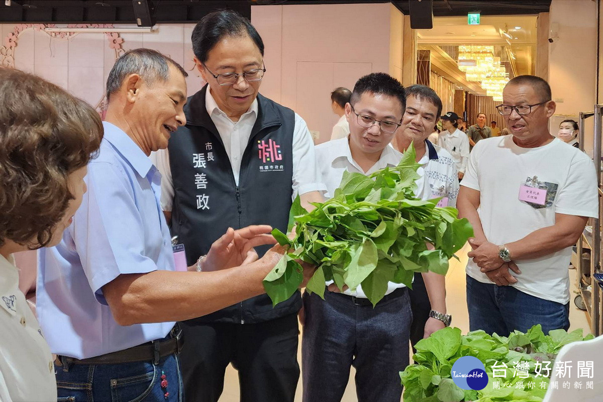 桃園市長張善政參觀農友們展示的蔬菜。<br />