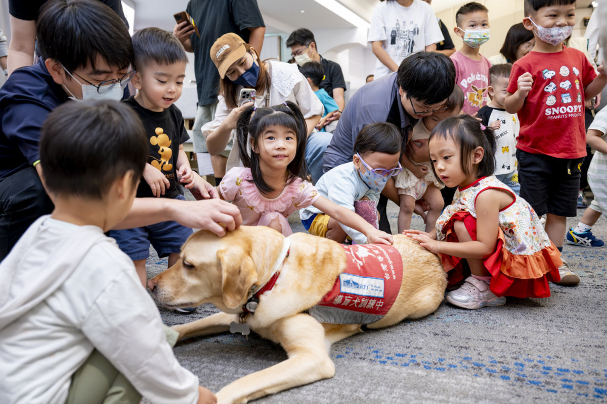 醫療輔助犬登場,孩子們開心圍攏摸摸抱抱,會場瞬間暖起來。圖/彰基提供