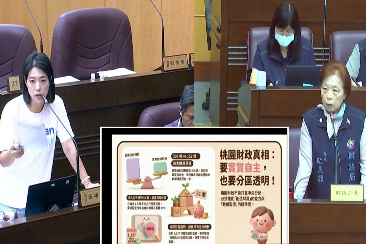 針對統籌款增加卻大砍補助款,桃園市議員張碩芳質詢財政局長歐美鐶。