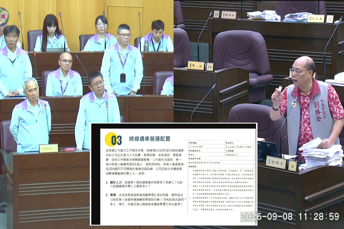 針對綠線通車營運配置，桃園市議員劉勝全質詢桃捷公司。