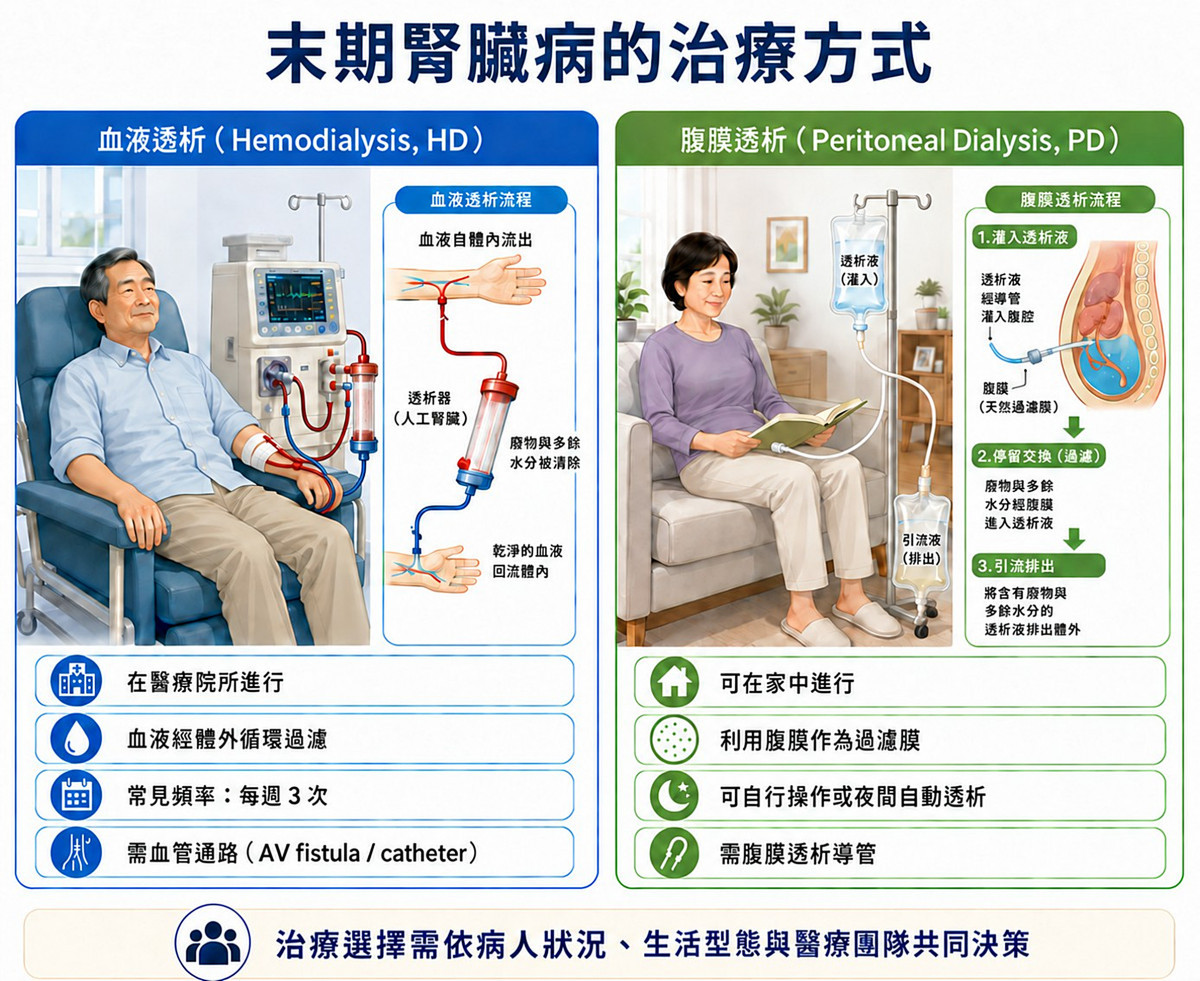 血液透析與腹膜透析的治療方式與生活情境比較示意。血液透析需在醫療院所執行,所產生的碳排放較多,腹膜透析在家中自行進行,生活較彈性。(長庚醫院提供)
