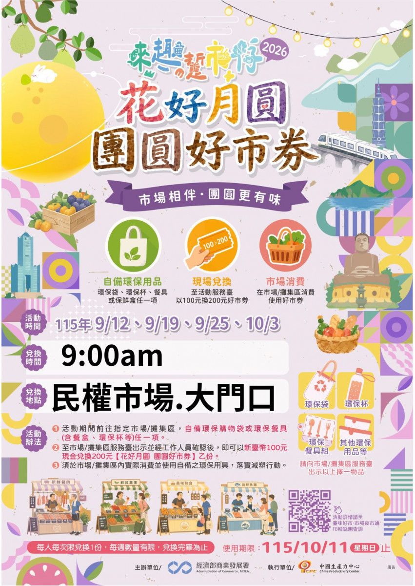 「100元換200元！」彰化市場好市券開搶，自備環保用品再送茄芷袋（民權市場）。圖／彰化市公所提供