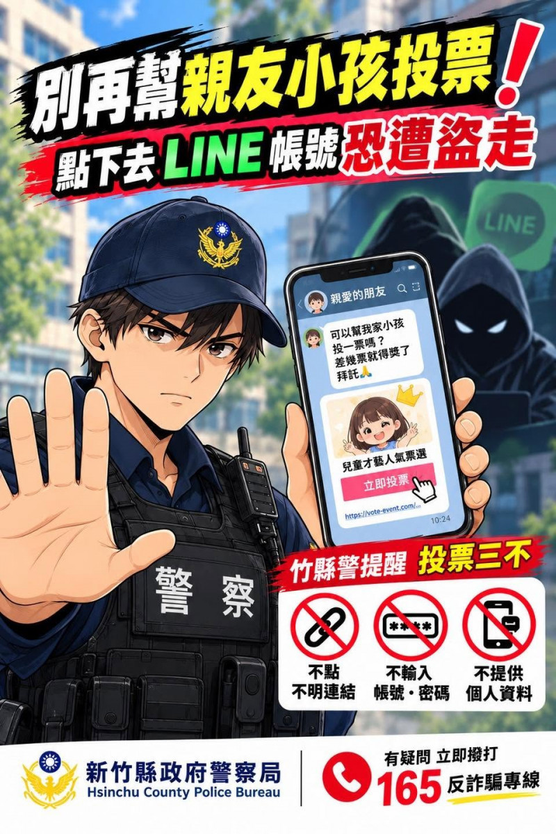 警方提醒民眾牢記「投票三不」:不點不明投票連結、不輸入LINE帳號、密碼、不提供簡訊認證碼。