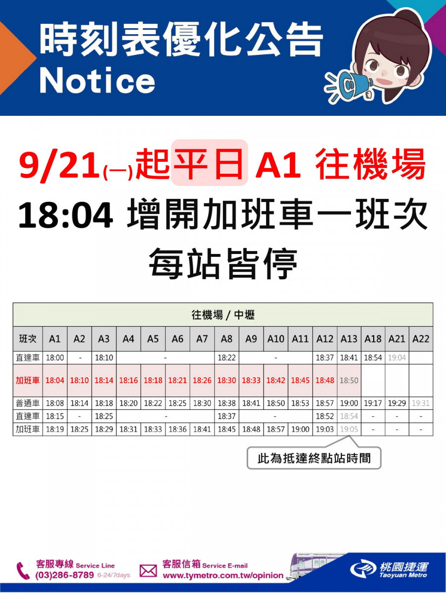 桃園機場捷運時刻表優化公告。<br />