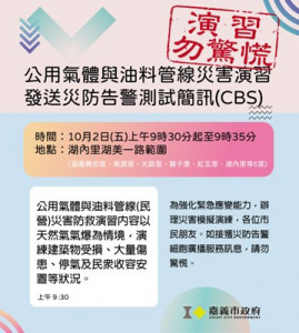 嘉義市政府將於10月2日（週五）上午9時至下午3時，舉辦公用氣體與油料管線災害防救演習／嘉義市府提供