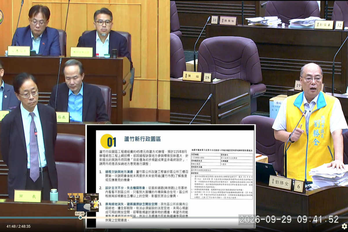 關心蘆竹地區建設發展　桃議員劉勝全總質詢多項議題要求市府加速解決