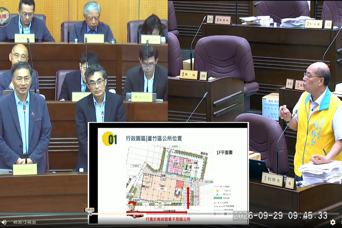 針對蘆竹新行政園區議題,桃園市議員劉勝全質詢工務局長汪在宙。