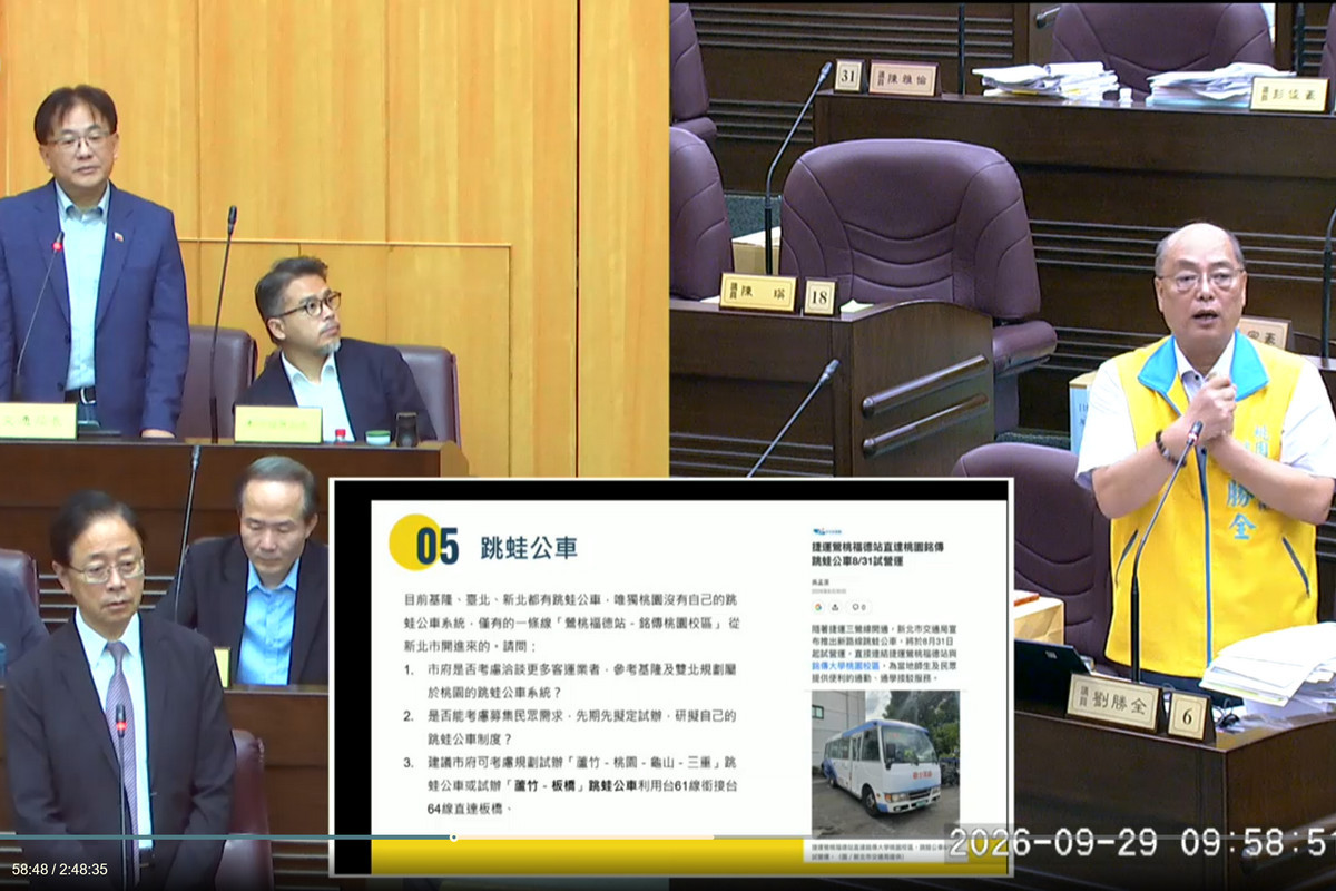 針對客運議及跳蛙公車等議題,桃園市議員劉勝全質詢桃園市長張善政。<br />