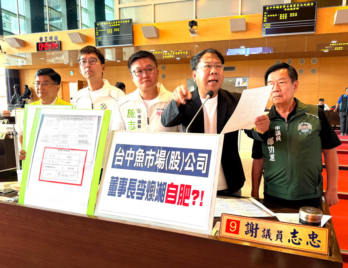 謝志忠(右二)質疑台中魚市場董事長自肥。