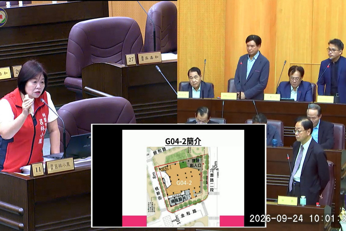 針對綠捷G04站籌設規劃國際會議廳，桃園市議員呂林小鳳於市政總質詢中質詢桃園市長張善政。