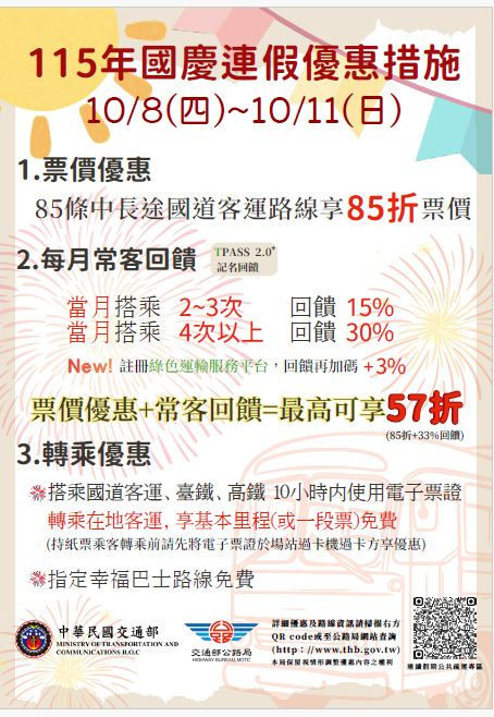 國慶連假搭乘大眾運輸　85條國道客運路線85折優惠